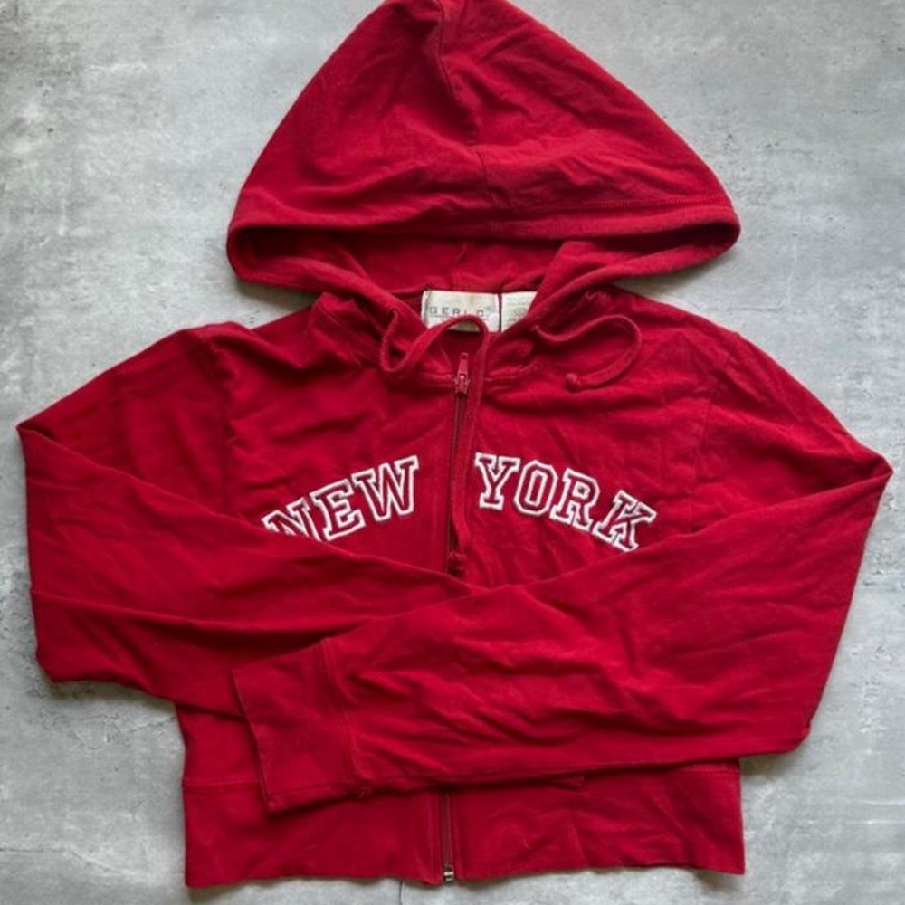 Geri C New York Red Zip Up Hoodie Y2K Graphic Sweatshirt Women Large